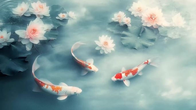 鲤鱼锦鲤池塘国画工笔画国潮国漫荷花莲花池