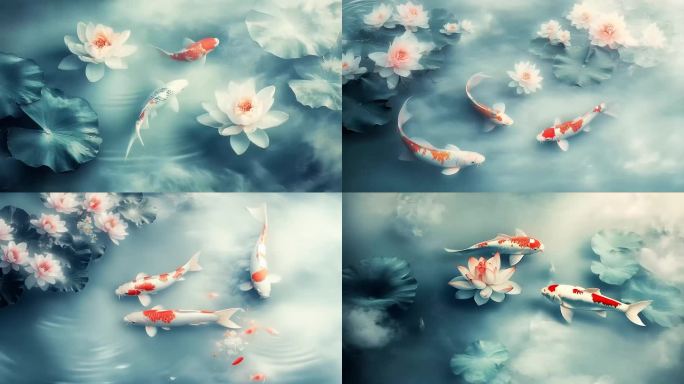 鲤鱼锦鲤池塘国画工笔画国潮国漫荷花莲花池