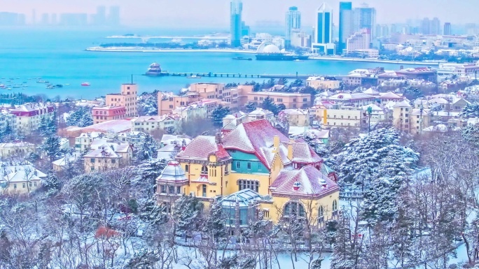 雪后青岛迎宾馆老城区航拍