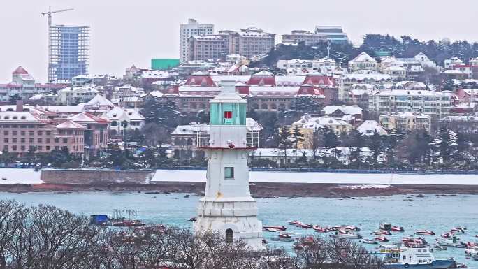 雪后青岛小青岛老城区航拍