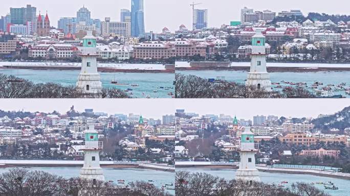 雪后青岛小青岛老城区航拍