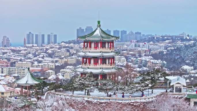 雪后青岛小鱼山老城区航拍
