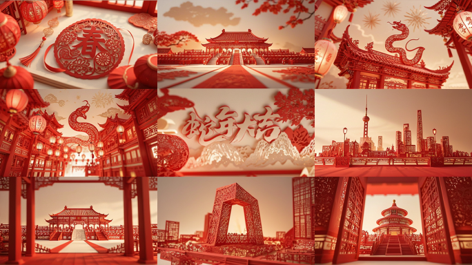蛇年2025剪纸风格春节喜庆拜年