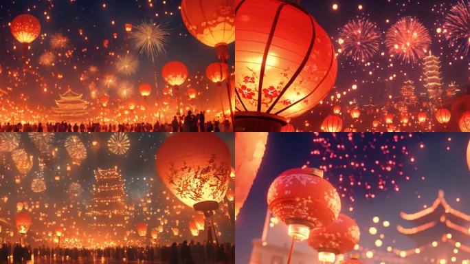【宽屏】元宵节灯会 大红灯笼 天灯 烟花
