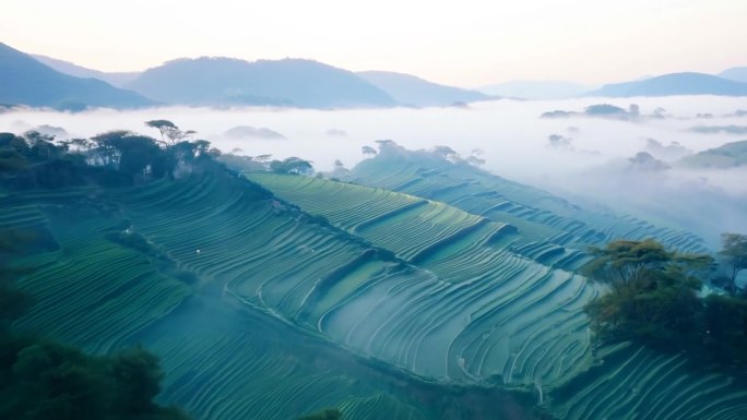 清晨飘着浓雾的梯田和山峰