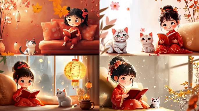 卡通女孩坐在沙发上阅读的温馨室内画面