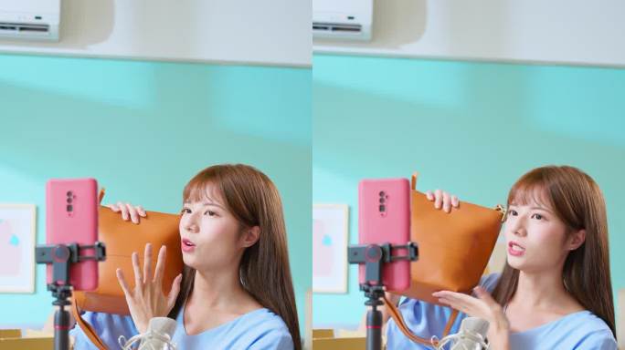 亚洲女性介绍皮革包。