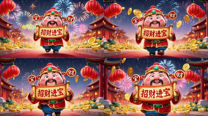 财神爷手持招财进宝卷轴的喜庆画面
