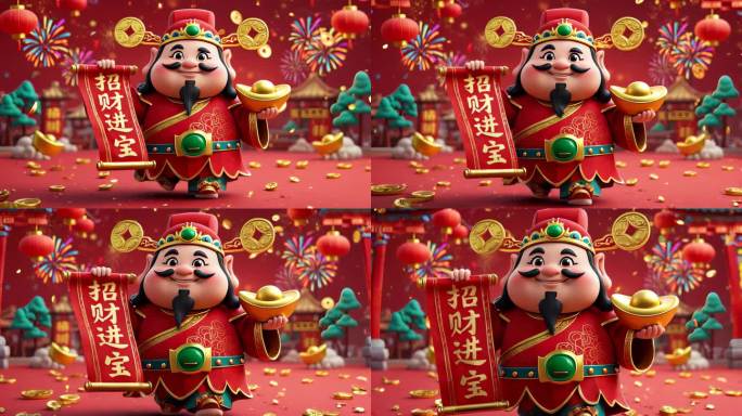财神爷手持招财进宝卷轴的喜庆画面