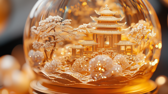 中国风国潮山水建筑唯美梦幻水晶旋转水晶球
