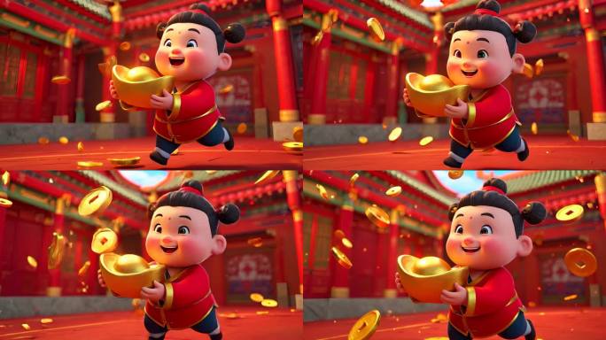 中国喜庆新年春节迎财神送财童子卡通动画