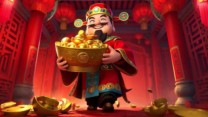 财神爷抱着聚宝盆送祝福的喜庆画面