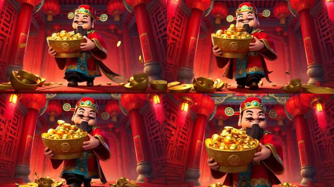 财神爷抱着聚宝盆送祝福的喜庆画面