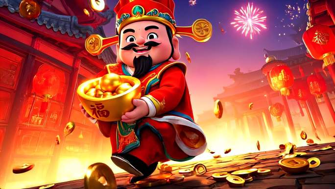 财神爷抱着聚宝盆送祝福的喜庆画面