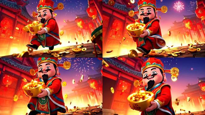 财神爷抱着聚宝盆送祝福的喜庆画面