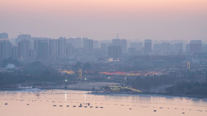 大同文瀛湖城市日落夕阳延时