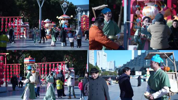 4K春节元霄节卖货郞在广场兜售货物