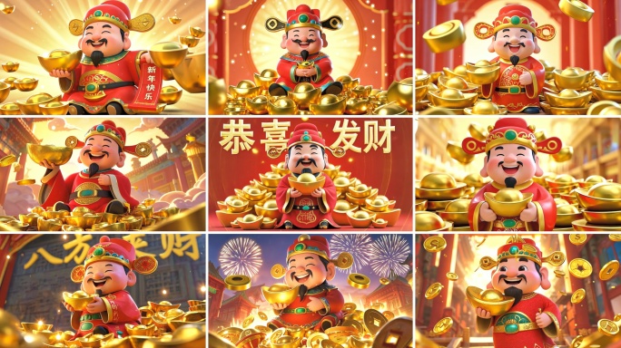 4K财神过年财神送财招财进宝金光闪闪拜年
