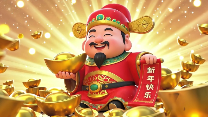 4K财神过年财神送财招财进宝金光闪闪拜年