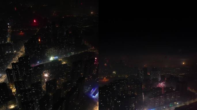 竖屏春节除夕夜烟花城市4K航拍