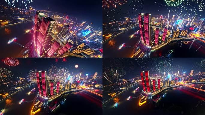 重庆朝天门夜景放烟花，重庆穿越机航拍