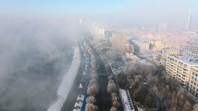 吉林雾凇城市风光冬季雪乡松花江树挂奇观