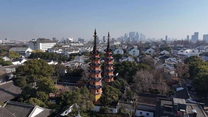 4K航拍苏州双塔寺观前街双塔市集