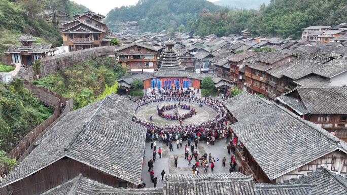 贵州肇兴侗寨侗年祭萨大典航拍