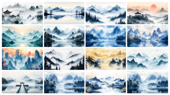 水墨山水国画中国风景国潮意境舞台背景古风