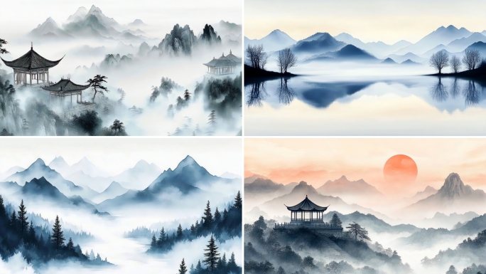水墨山水国画中国风景国潮意境舞台背景古风