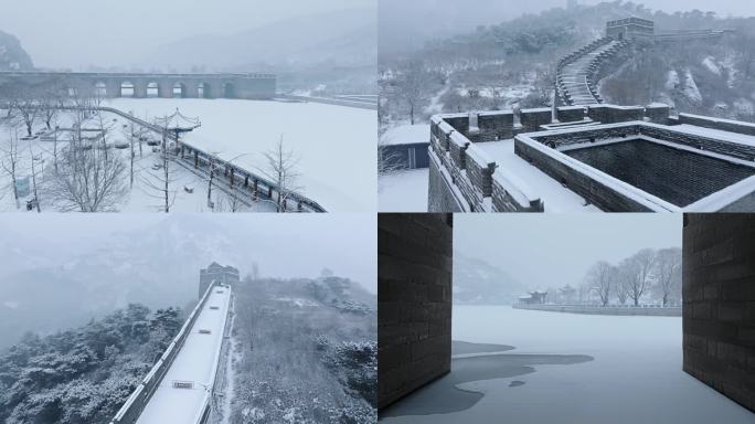 航拍雪后九门口长城 4K