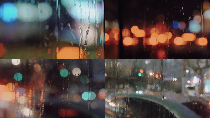 下雨天夜晚雨水划过玻璃焦外光斑