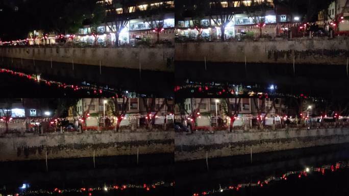 夜间亮灯的河畔建筑