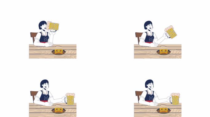 快乐的亚洲女性在桌子旁喝啤酒的2D角色动画