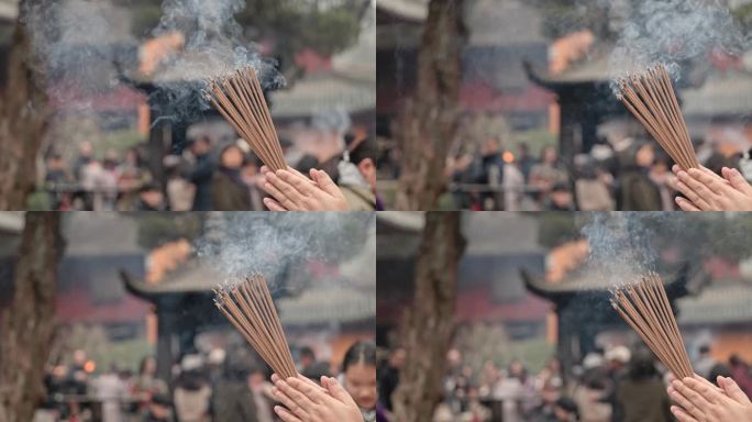 寺庙佛堂香炉点香祈福燃烧香特写