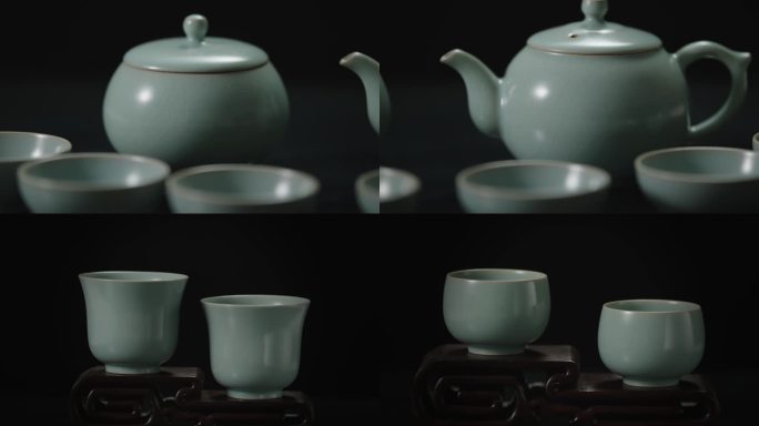 汝瓷茶具青瓷茶壶展示 宋代茶器美学天青釉