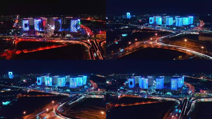 航拍石家庄火车站夜景高铁动车塔谈