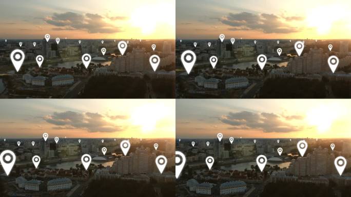 现代城市的鸟瞰图，带有位置标记突出显示城镇的不同区域。位置点覆盖在街道城市上。GPS航点标记在随机建