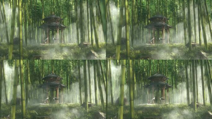 C4D写实庭院园林 竹林阳光 丹顶鹤模型