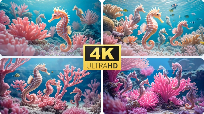 海底一群海马在珊瑚礁中