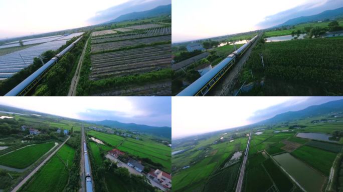 穿越机拍摄田野火车  田园火车火车奔跑