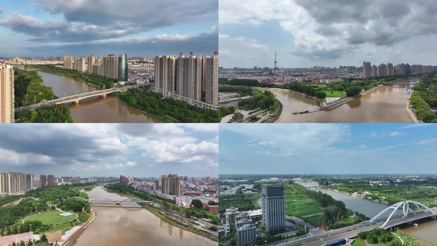城市河流景观及多彩桥梁鸟瞰全景
