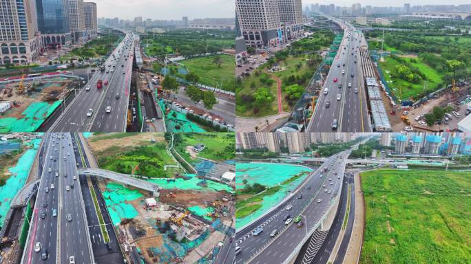 航拍城市公路建设桥梁建设交通