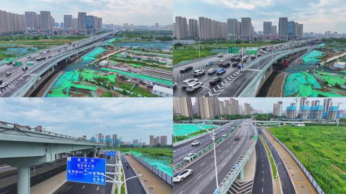 航拍城市公路建设桥梁建设交通