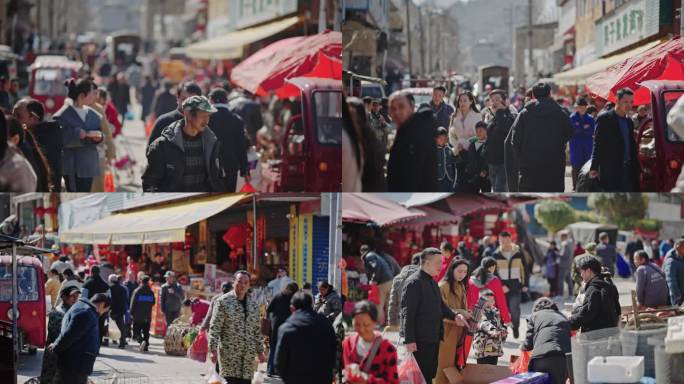 人来人往赶集 摆摊买卖购物买年货