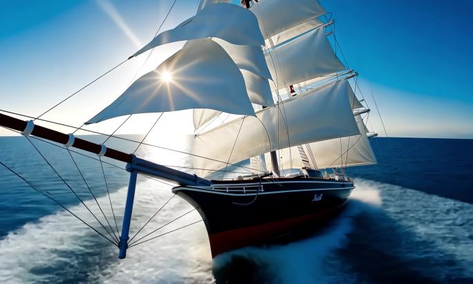 帆船起航向着太阳扬帆启航海浪 大海 希望