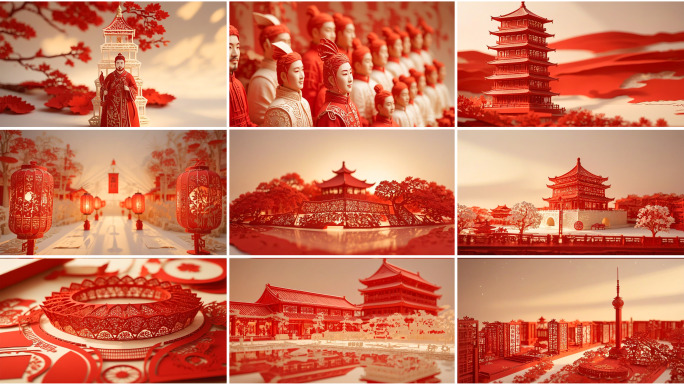 西安地标非遗剪纸兵马俑国潮