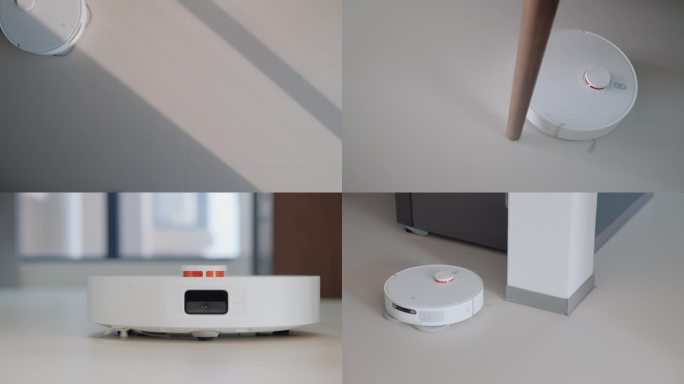 白色智能扫地机器人室内工作场景