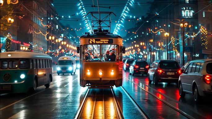 下雨城市夜晚街道路灯行人孤独伤感街景雨景