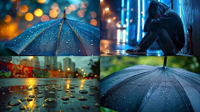 下雨城市夜晚街道路灯行人孤独伤感街景雨景